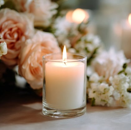 Glass memorial candle beside soft flowers creates peaceful remembrance setting in DeLand, FL.