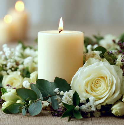 Memorial candle and white rose for DeLand, FL cremation services.