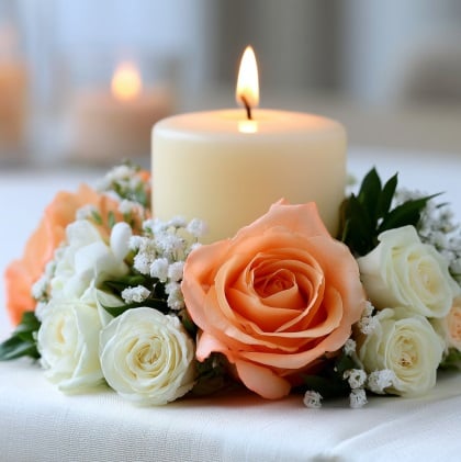 Memorial candle surrounded by roses for DeLand, FL cremations remembrance.