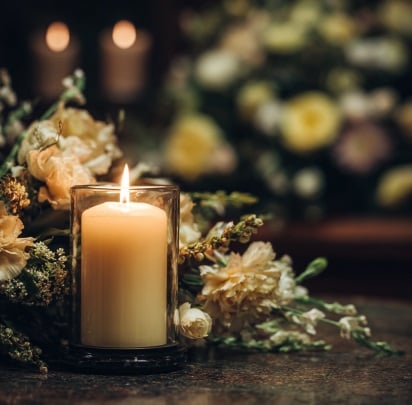 Lit candle with flowers representing Orange City, FL cremation services.