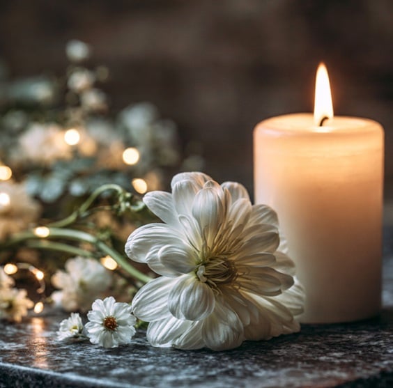 White memorial flowers and a lit candle symbolize Orange City, FL cremation services with remembrance.
