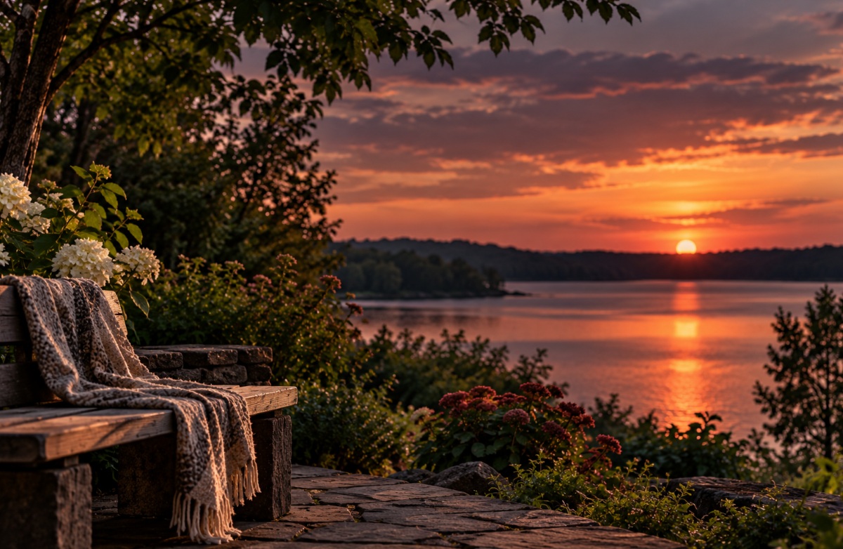 Empty lakeside bench at sunset representing reflection in Orange City, FL.