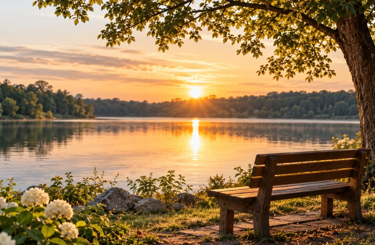 Empty lakeside bench at sunset offering quiet reflection in Deltona, FL.
